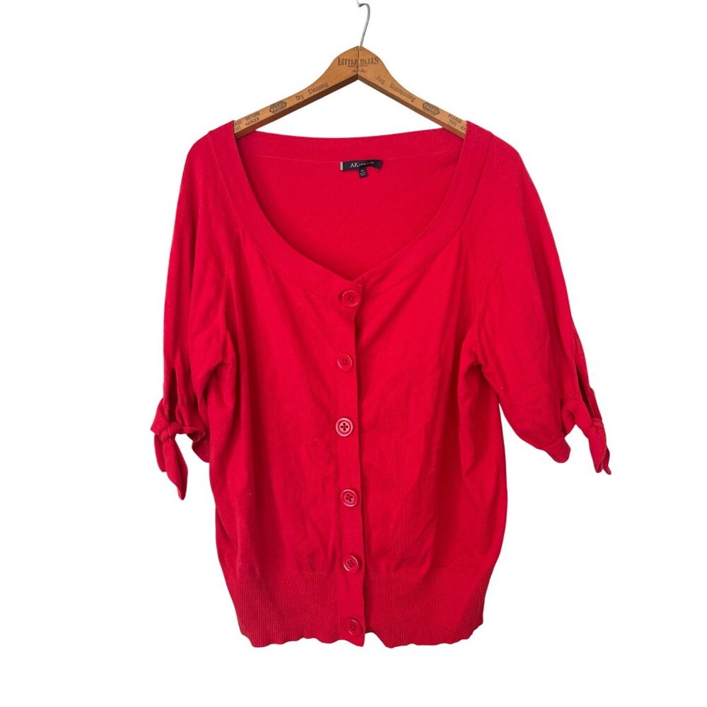 Anne Klein Red Button Front Cardigan Short Sleeve Tie Cotton Office Sweater 2X